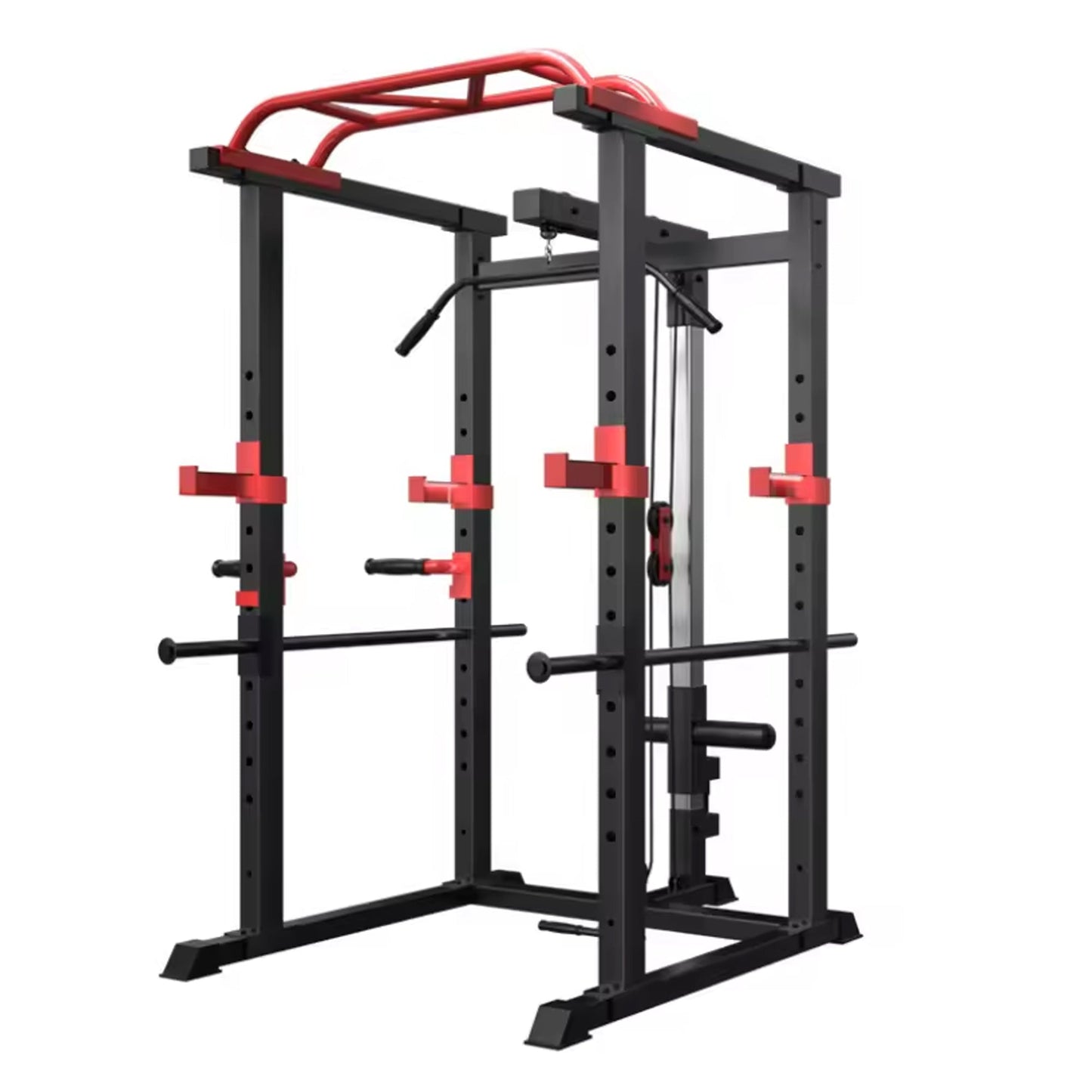 All-in-One Adjustable Power Rack Cage with Cable Pulley, Multi-Grip Pull-Up Bar, J-Cups, Chrome Spotters – Heavy-Duty Frame for Home & Commercial Gym Training