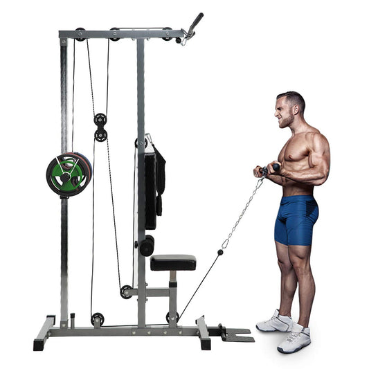 Upgrade Your Home Workouts with LAT Pulldown Machine – High & Low Pulley Cable Station, Adjustable Seat | 197x108x140cm | 100kg Capacity