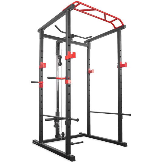 All-in-One Adjustable Power Rack Cage with Cable Pulley, Multi-Grip Pull-Up Bar, J-Cups, Chrome Spotters – Heavy-Duty Frame for Home & Commercial Gym Training