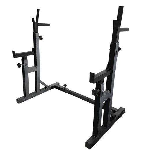 Enhance Strength Training with Adjustable Squat & Bench Press Rack | Heavy-Duty Barbell Stand with Dip Bars & Spotters for Home or Studio Gym Workouts