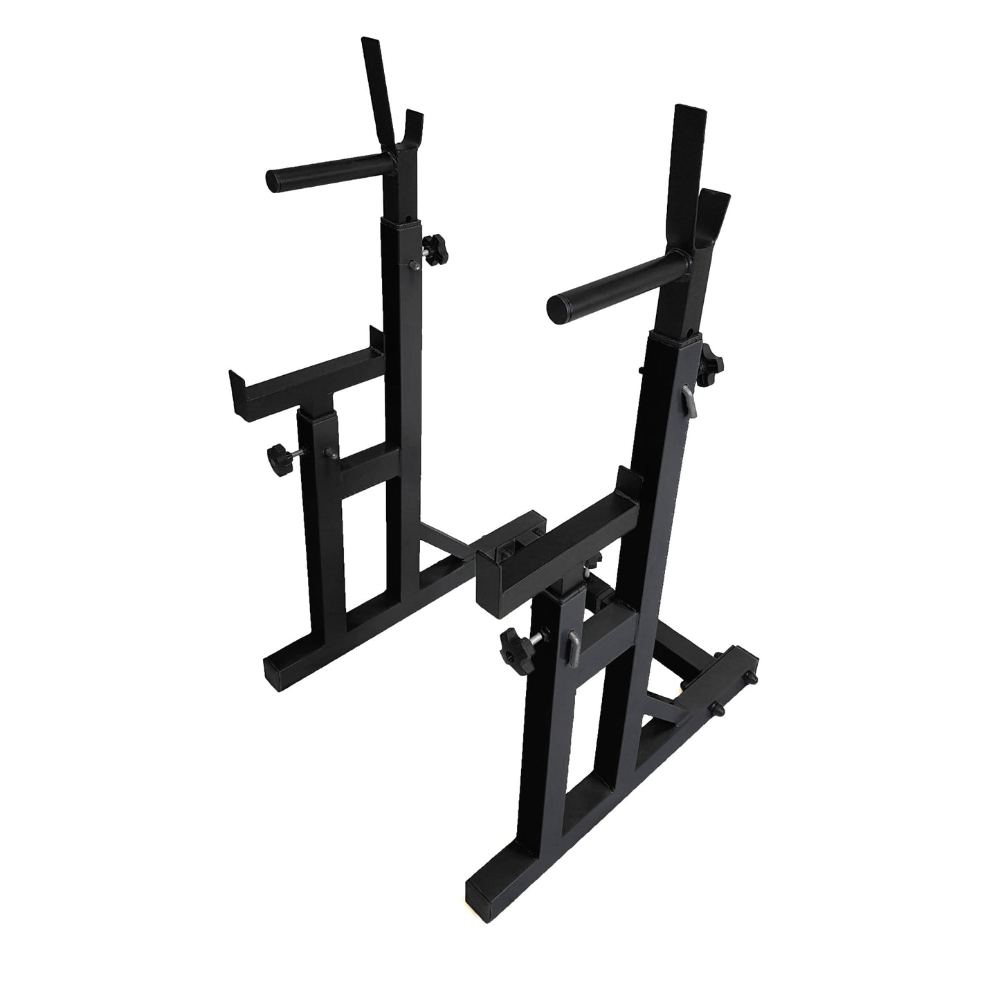 Enhance Strength Training with Adjustable Squat & Bench Press Rack | Heavy-Duty Barbell Stand with Dip Bars & Spotters for Home or Studio Gym Workouts