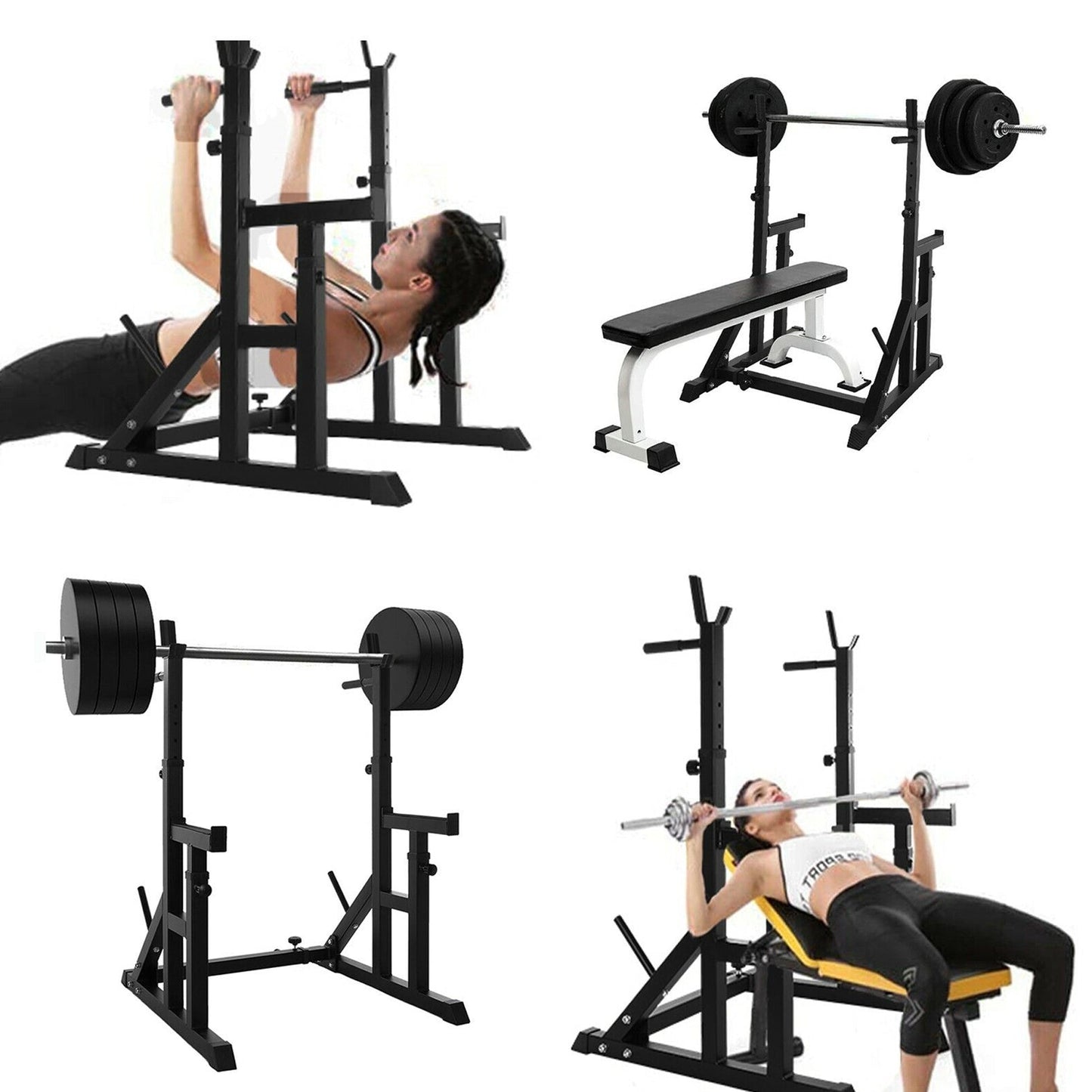 Enhance Strength Training with Adjustable Squat & Bench Press Rack | Heavy-Duty Barbell Stand with Dip Bars & Spotters for Home or Studio Gym Workouts