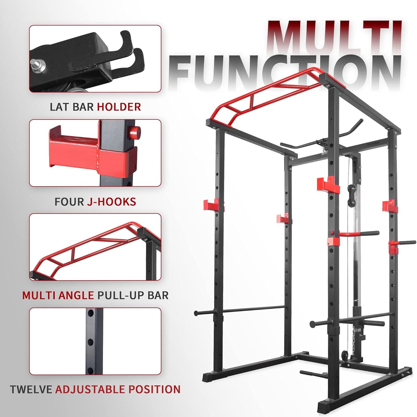 All-in-One Adjustable Power Rack Cage with Cable Pulley, Multi-Grip Pull-Up Bar, J-Cups, Chrome Spotters – Heavy-Duty Frame for Home & Commercial Gym Training