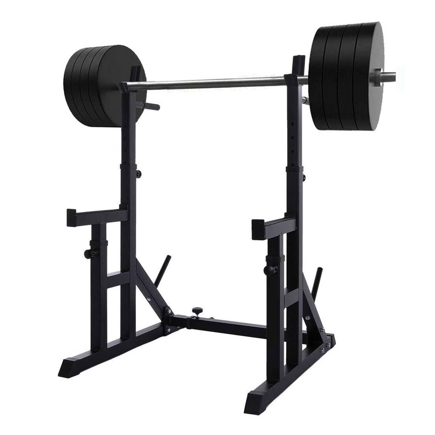Enhance Strength Training with Adjustable Squat & Bench Press Rack | Heavy-Duty Barbell Stand with Dip Bars & Spotters for Home or Studio Gym Workouts
