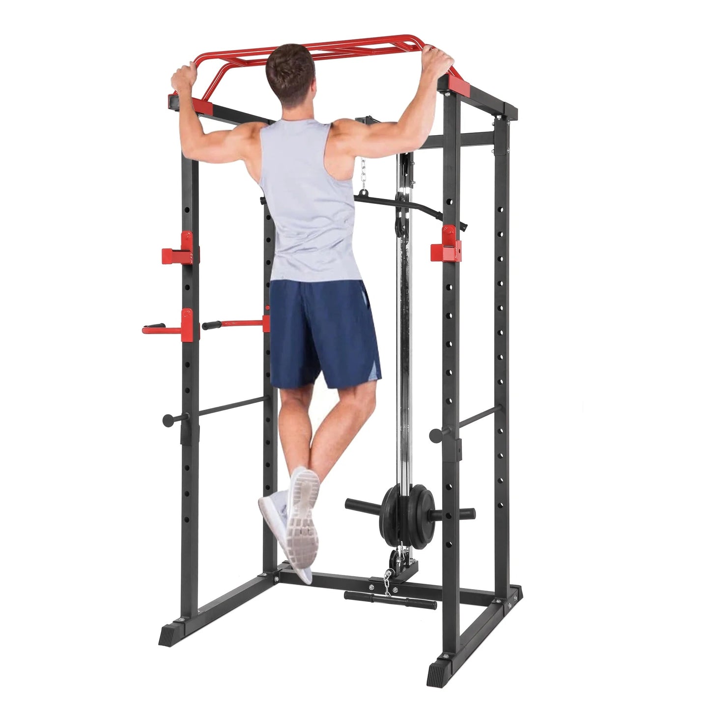 All-in-One Adjustable Power Rack Cage with Cable Pulley, Multi-Grip Pull-Up Bar, J-Cups, Chrome Spotters – Heavy-Duty Frame for Home & Commercial Gym Training