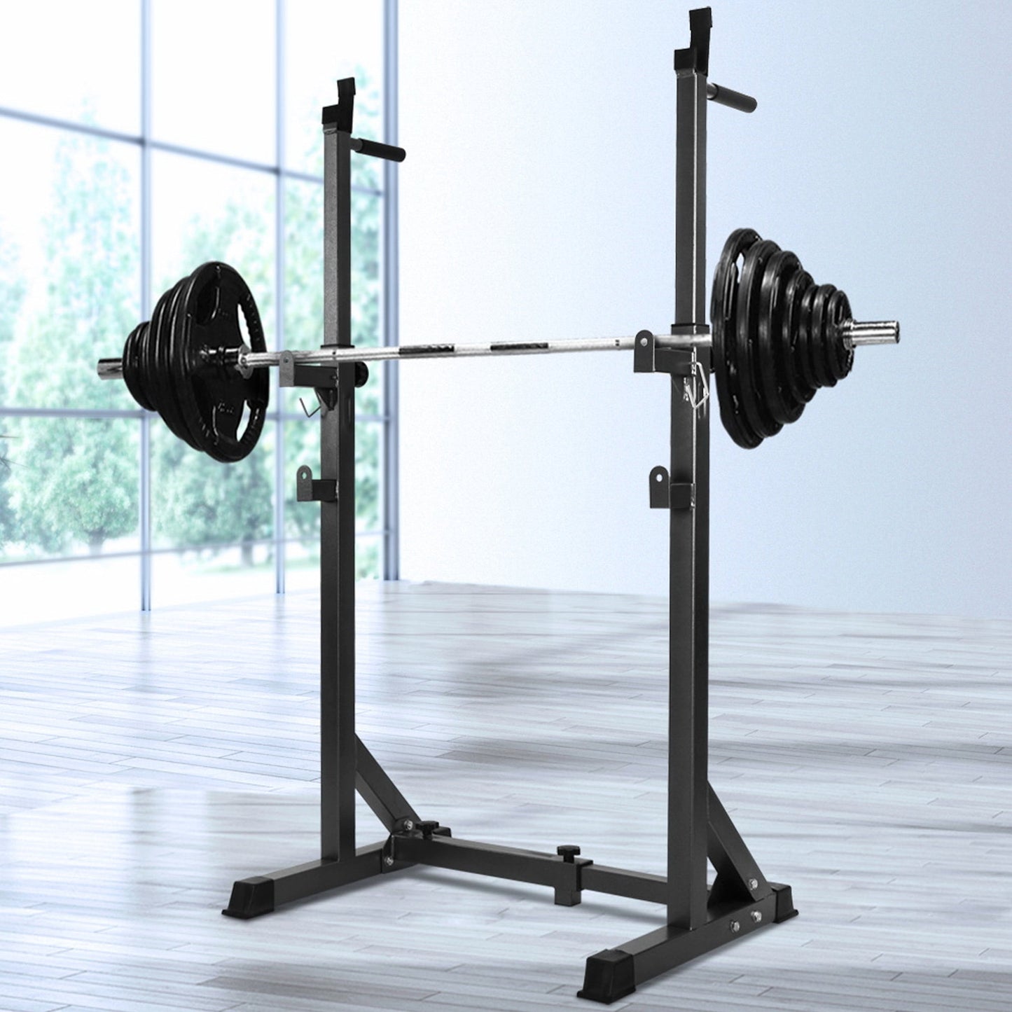Adjustable Half Squat Rack with Dip Bars, Spotters & Barbell Options | 200KG Load | Compact Steel Power Stand for Squats, Presses, Dips & Full Body Training