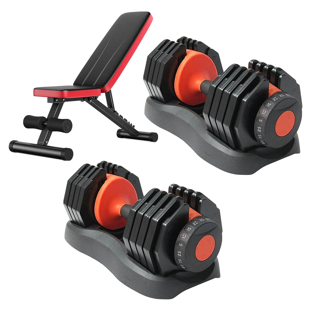 Smart Dial Adjustable Dumbbell Set 24 kg | 15-in-1 Space-Saving Weights with Optional Bench & Stand for Home Gym Workouts