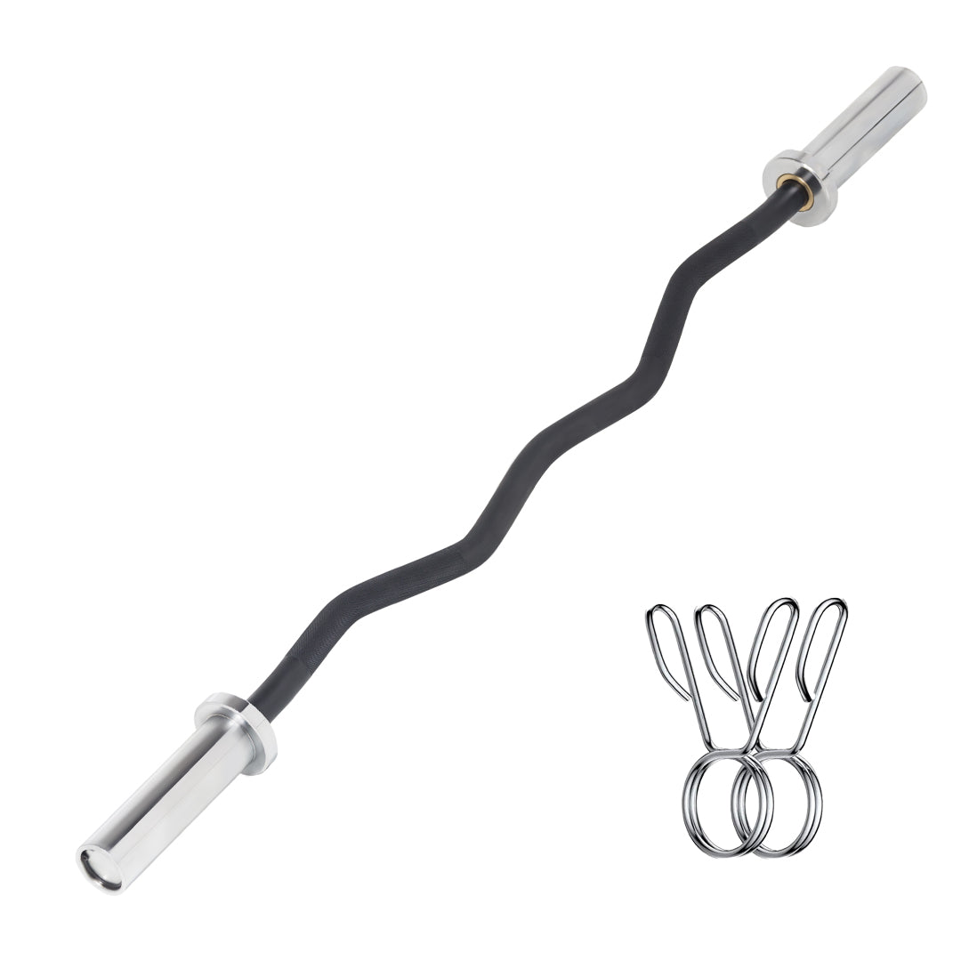 47" Olympic EZ Curl Bar in Chrome – Ergonomic 4ft Barbell with 2 Spring Collars | Fits 2” Weight Plates | Ideal for Curls, Extensions, Rows & Strength Training