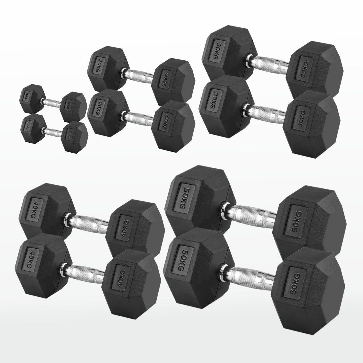 Hex Dumbbells 2.5kg–60kg – Pairs & Sets Available – Rubber Coated Anti Roll Weights with Chrome Handles – Full Dumbbell Range for Strength Training at Home or Studio