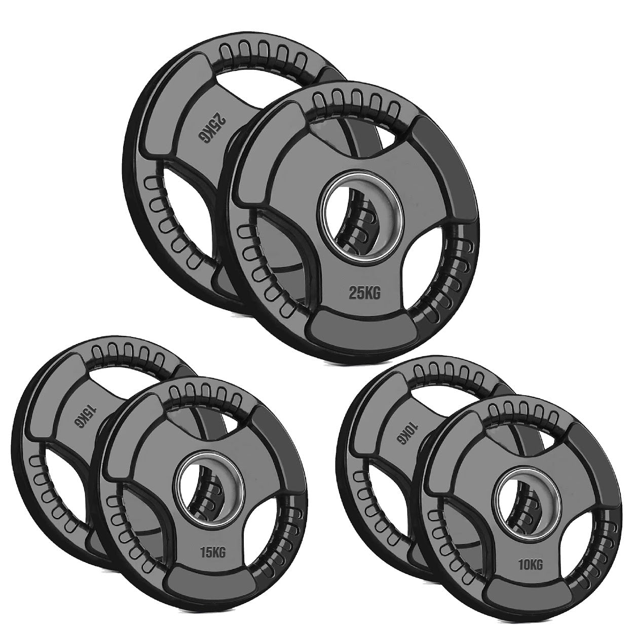 Versatile Tri-Grip Olympic Plates – Solid Cast Iron with Protective Rubber Coating & 2-Inch Center Hole for Strength Training | Range of Weight Options