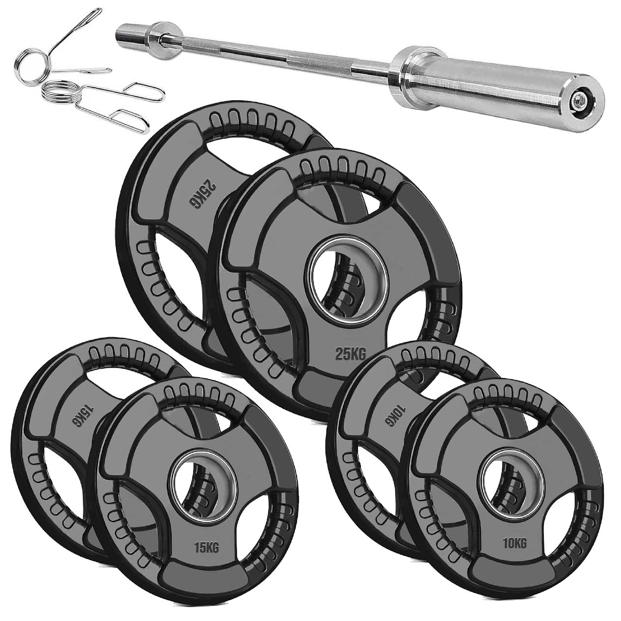 Versatile Tri-Grip Olympic Plates – Solid Cast Iron with Protective Rubber Coating & 2-Inch Center Hole for Strength Training | Range of Weight Options