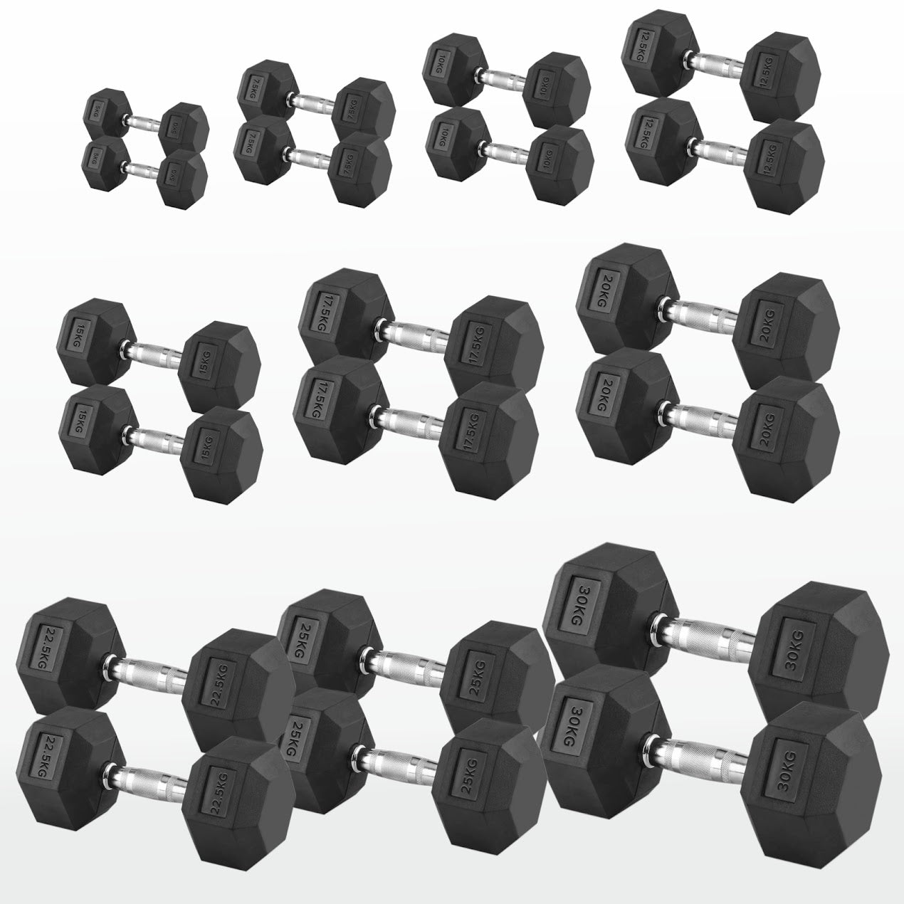 Hex Dumbbells 2.5kg–60kg – Pairs & Sets Available – Rubber Coated Anti Roll Weights with Chrome Handles – Full Dumbbell Range for Strength Training at Home or Studio