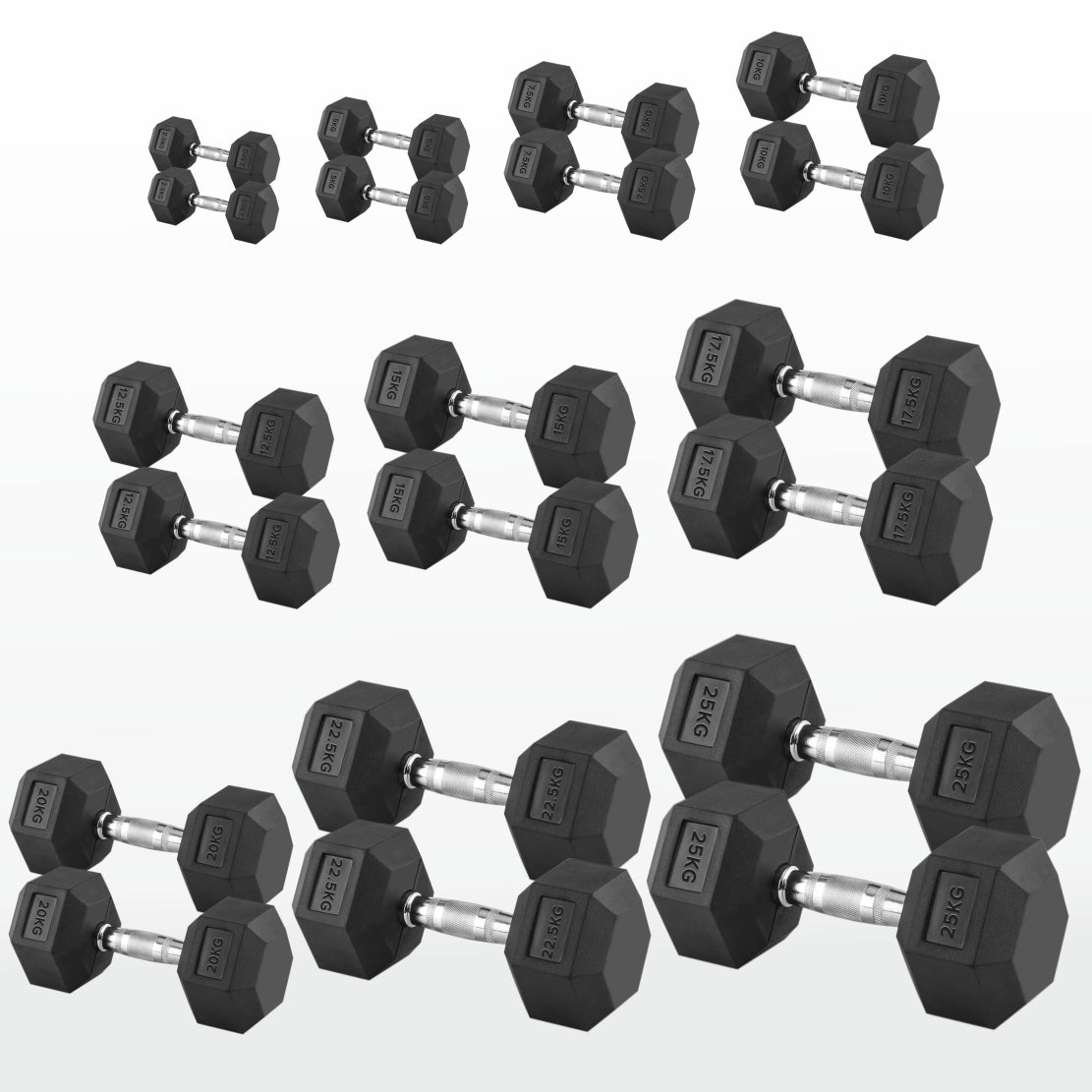 Hex Dumbbells 2.5kg–60kg – Pairs & Sets Available – Rubber Coated Anti Roll Weights with Chrome Handles – Full Dumbbell Range for Strength Training at Home or Studio