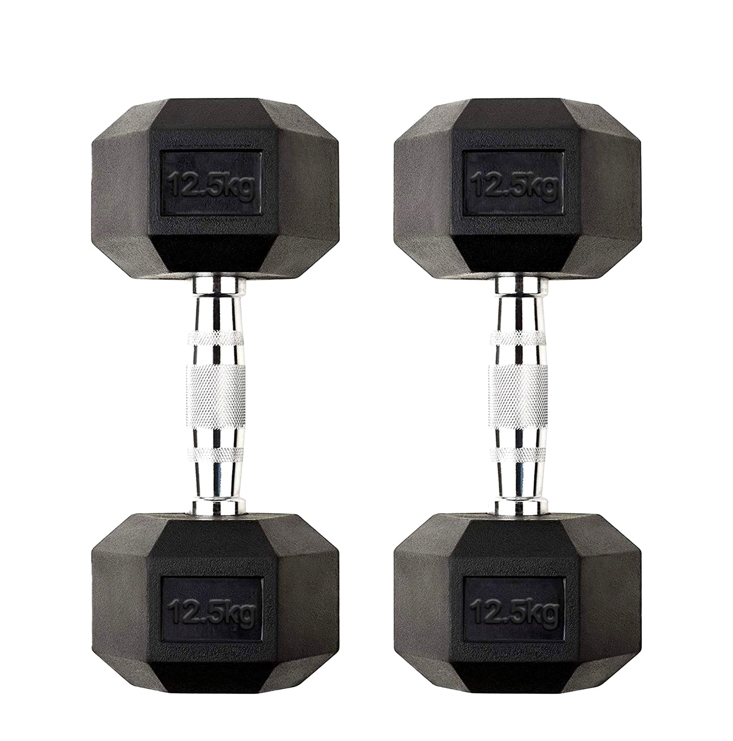 12.5kg Rubber Coated Hex Dumbbell Pair – Anti Roll Weights with Chrome Knurled Handles – Solid Cast Iron Free Weights for Strength Training & Home Gym