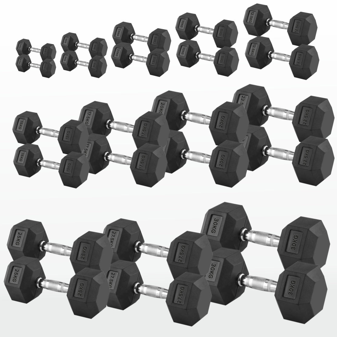 Hex Dumbbells 2.5kg–60kg – Pairs & Sets Available – Rubber Coated Anti Roll Weights with Chrome Handles – Full Dumbbell Range for Strength Training at Home or Studio
