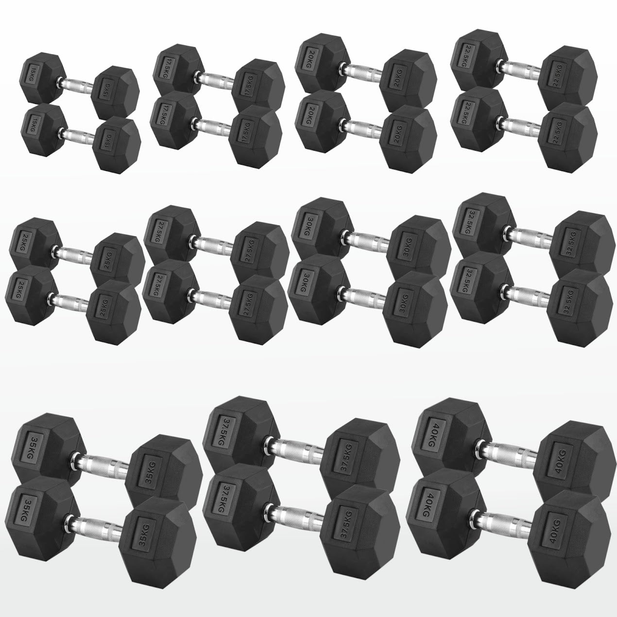 Hex Dumbbells 2.5kg–60kg – Pairs & Sets Available – Rubber Coated Anti Roll Weights with Chrome Handles – Full Dumbbell Range for Strength Training at Home or Studio
