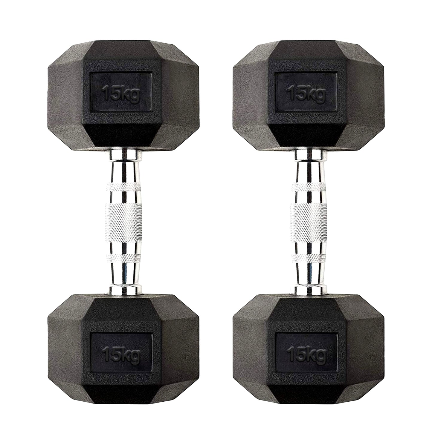15kg Rubber Coated Hex Dumbbell Pair – Cast Iron Weights with Anti Roll Design & Chrome Knurled Grip – Strength Training for Home Gym & PT Studio