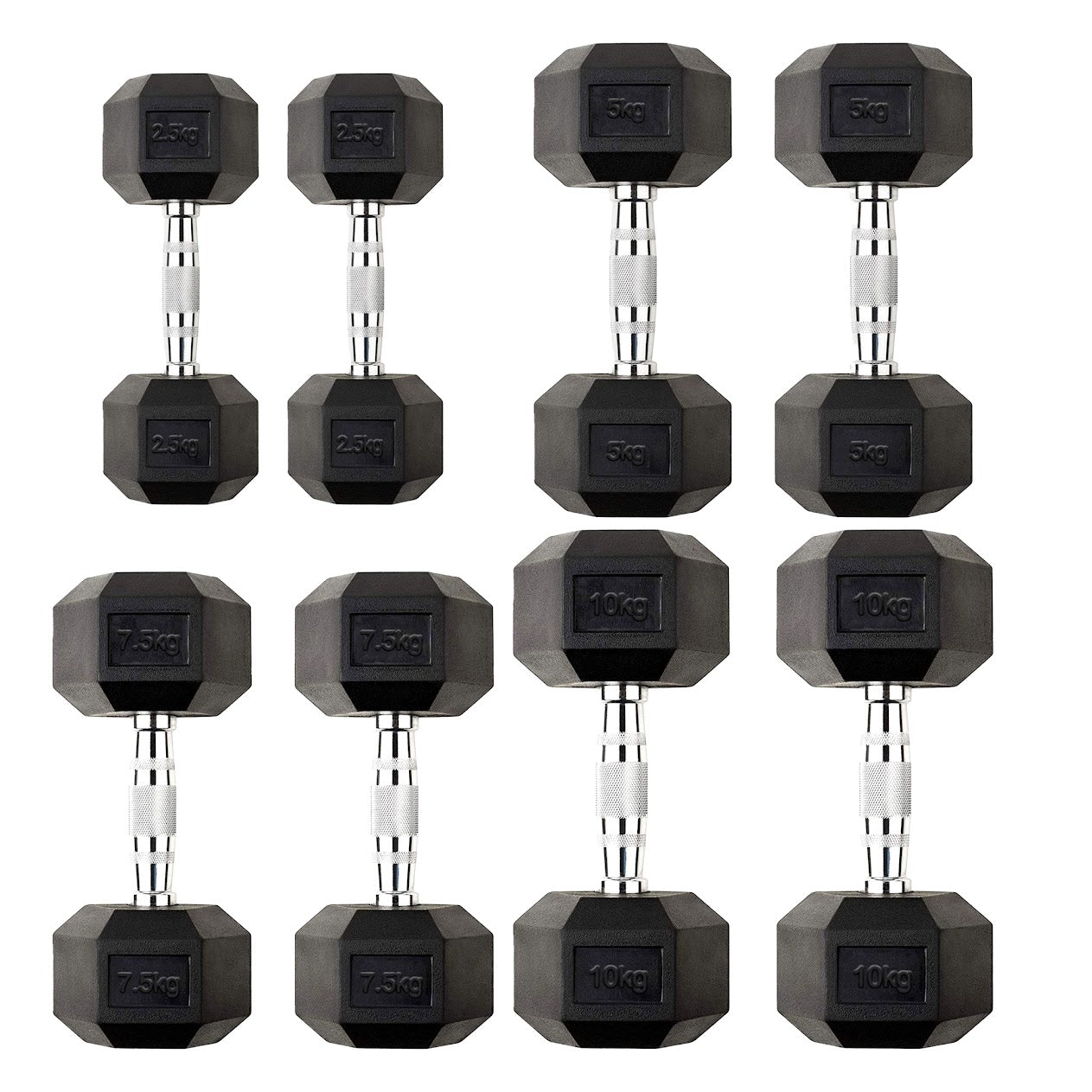 Hex Dumbbells 2.5kg–60kg – Pairs & Sets Available – Rubber Coated Anti Roll Weights with Chrome Handles – Full Dumbbell Range for Strength Training at Home or Studio
