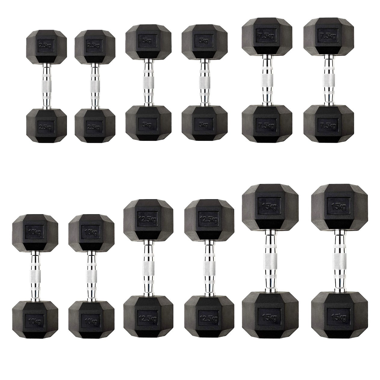 Hex Dumbbells 2.5kg–60kg – Pairs & Sets Available – Rubber Coated Anti Roll Weights with Chrome Handles – Full Dumbbell Range for Strength Training at Home or Studio