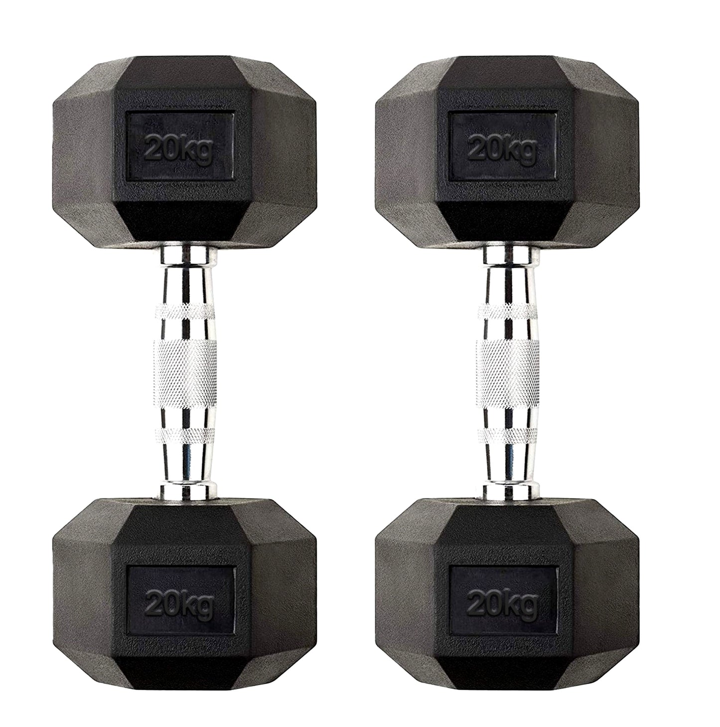 Heavy Duty 20kg Hex Dumbbell Pair – Rubber Coated Cast Iron Weights with Anti Roll Design & Chrome Knurled Handles – Strength Training for Home Gym & Studio