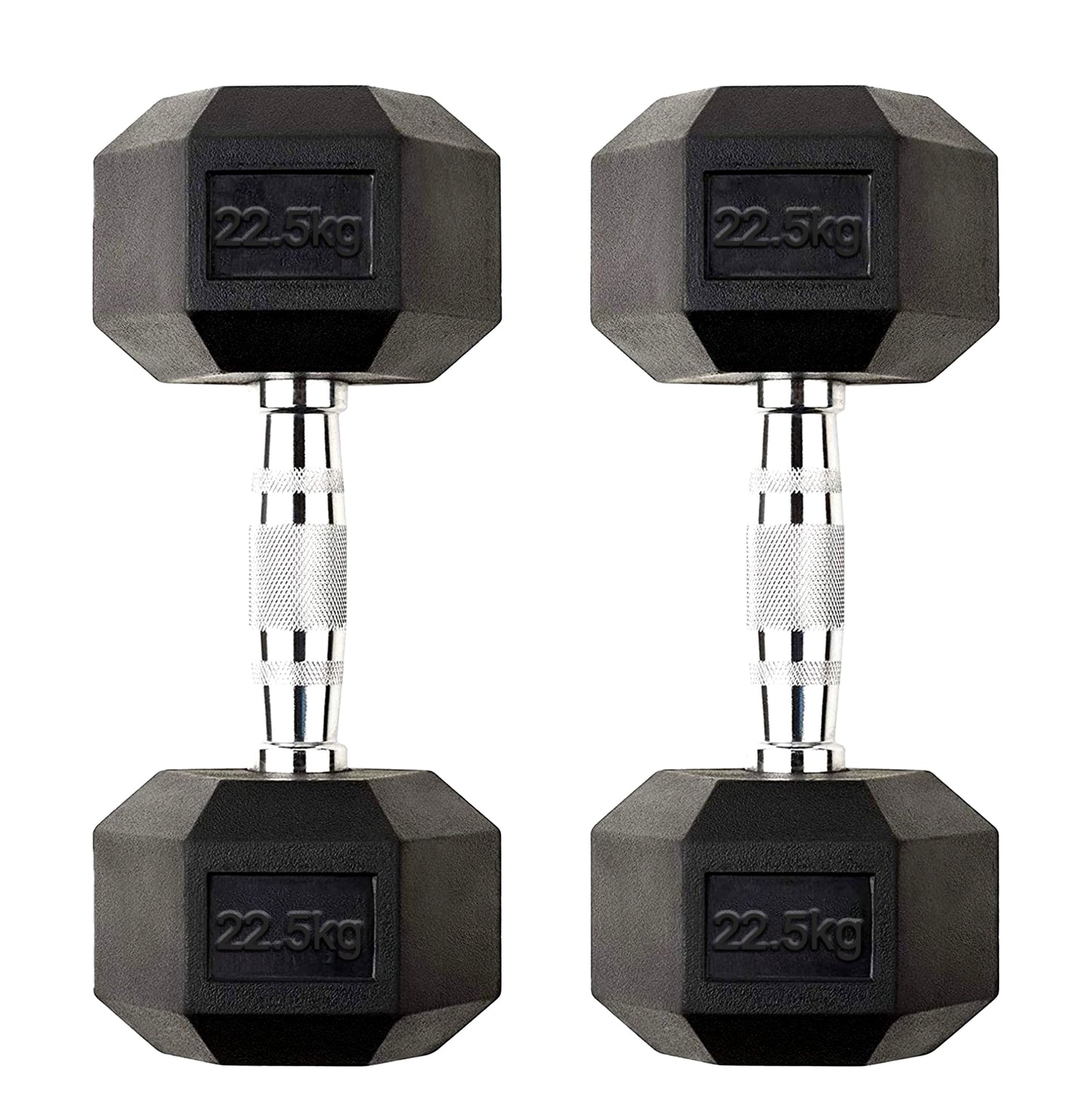 22.5kg Pair of Hex Dumbbells – Cast Iron Core with Rubber Coating, Anti Roll Hex Heads & Knurled Chrome Handles – Heavy Free Weights for Home Gym & Strength Training