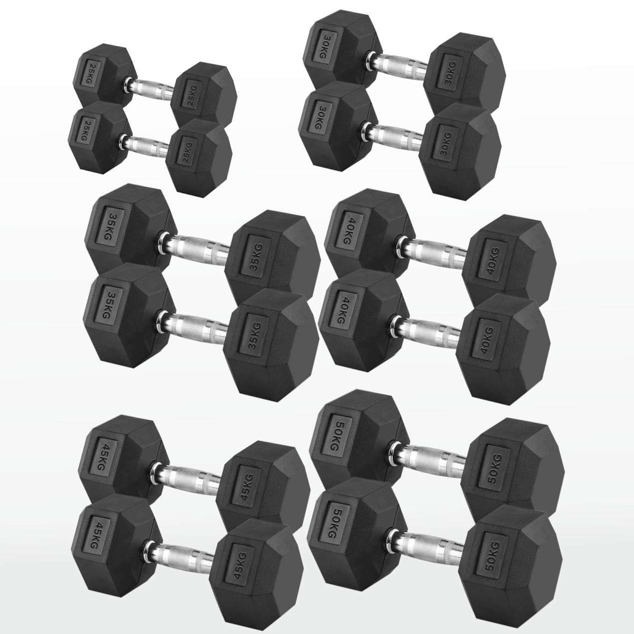 Hex Dumbbells 2.5kg–60kg – Pairs & Sets Available – Rubber Coated Anti Roll Weights with Chrome Handles – Full Dumbbell Range for Strength Training at Home or Studio