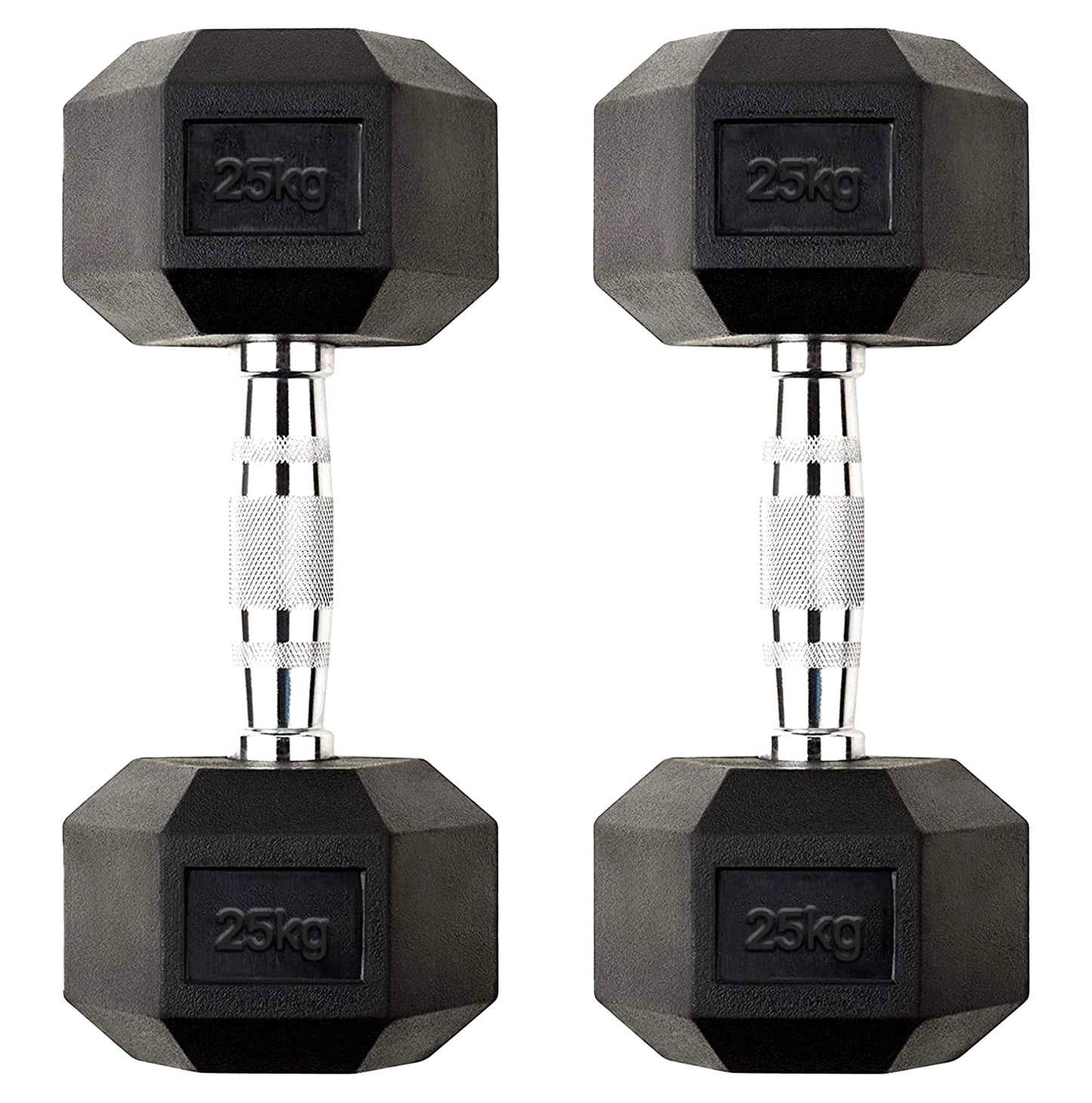 Durable 25kg Hex Dumbbell Pair – Rubber Coated Cast Iron Weights with Anti Roll Design & Knurled Chrome Handles – Dumbbells for Strength Training & Home Gym