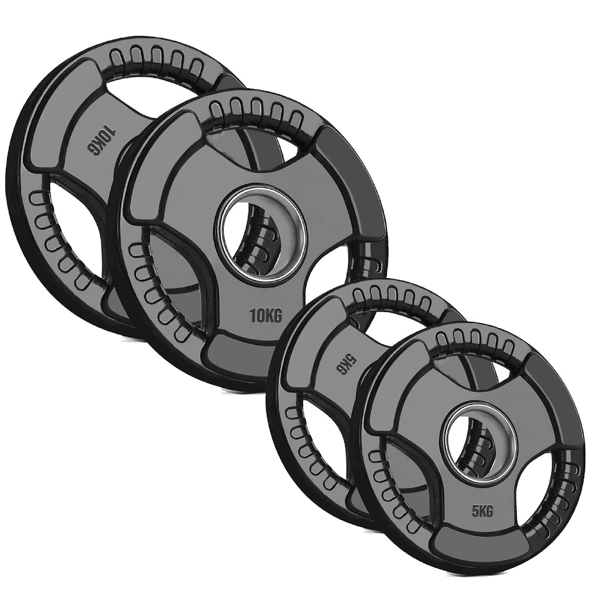 Versatile Tri-Grip Olympic Plates – Solid Cast Iron with Protective Rubber Coating & 2-Inch Center Hole for Strength Training | Range of Weight Options