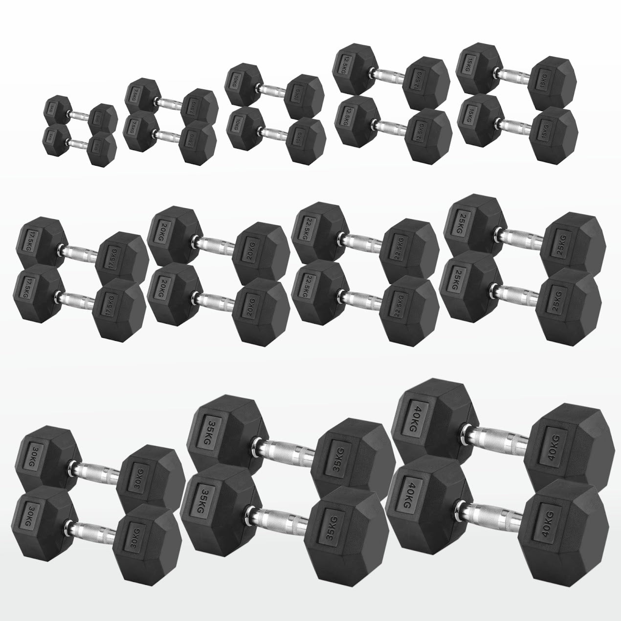 Hex Dumbbells 2.5kg–60kg – Pairs & Sets Available – Rubber Coated Anti Roll Weights with Chrome Handles – Full Dumbbell Range for Strength Training at Home or Studio