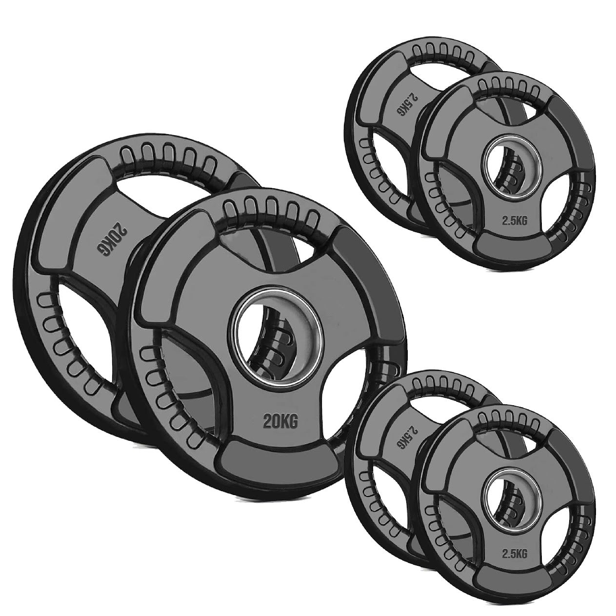 Versatile Tri-Grip Olympic Plates – Solid Cast Iron with Protective Rubber Coating & 2-Inch Center Hole for Strength Training | Range of Weight Options