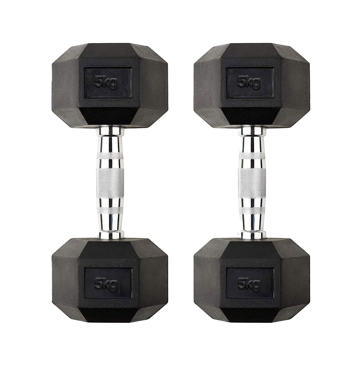 5kg Rubber Coated Cast Iron Hex Dumbbell Pair – Anti Roll Design & Chrome Knurled Handles – Durable Strength Training Dumbbells for Home Gym