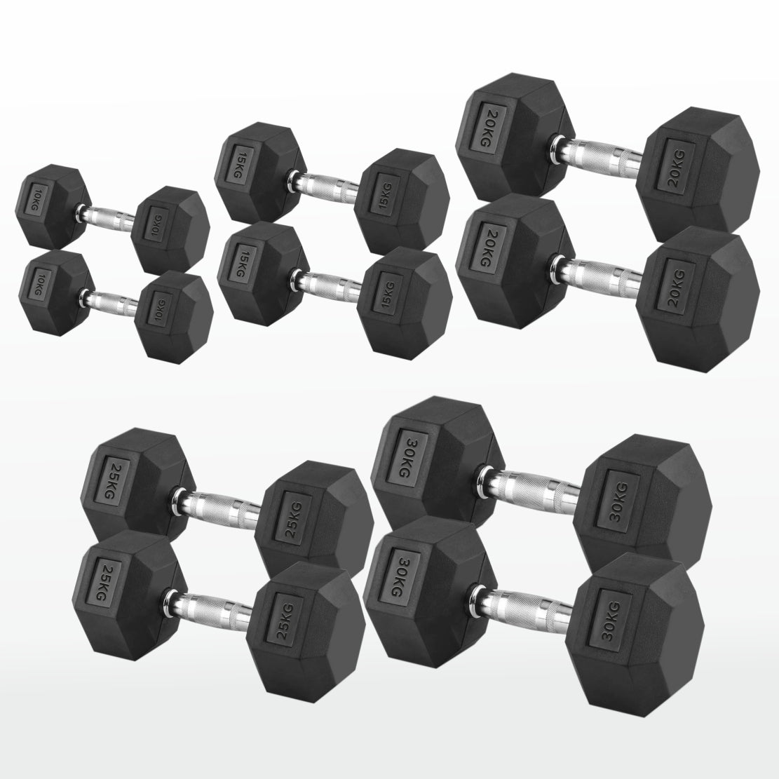 Hex Dumbbells 2.5kg–60kg – Pairs & Sets Available – Rubber Coated Anti Roll Weights with Chrome Handles – Full Dumbbell Range for Strength Training at Home or Studio