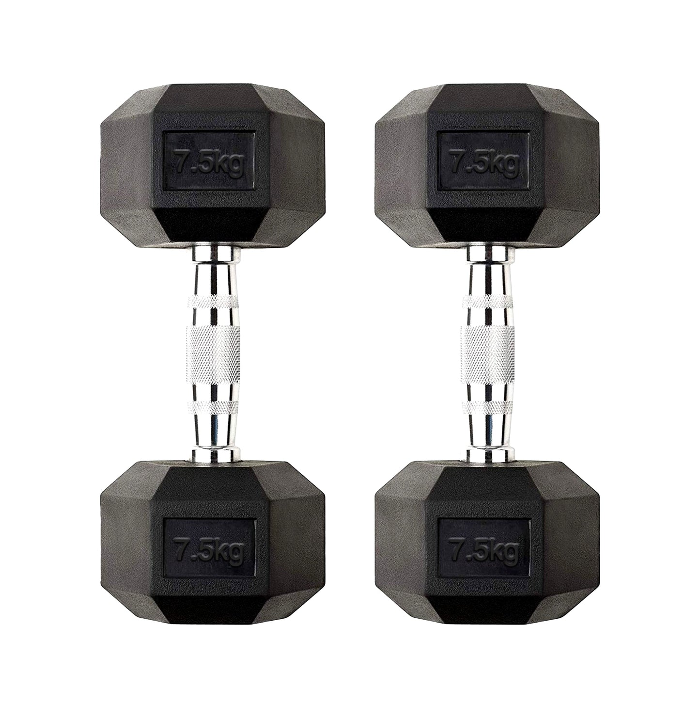 Rubber Coated Cast Iron Hex Dumbbell Pair 7.5kg – Knurled Chrome Handles – Anti Roll Free Weights for Strength Training & Home Gym