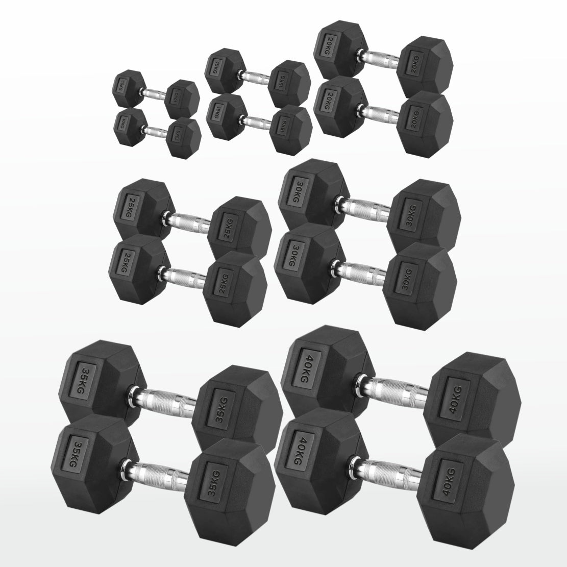 Hex Dumbbells 2.5kg–60kg – Pairs & Sets Available – Rubber Coated Anti Roll Weights with Chrome Handles – Full Dumbbell Range for Strength Training at Home or Studio