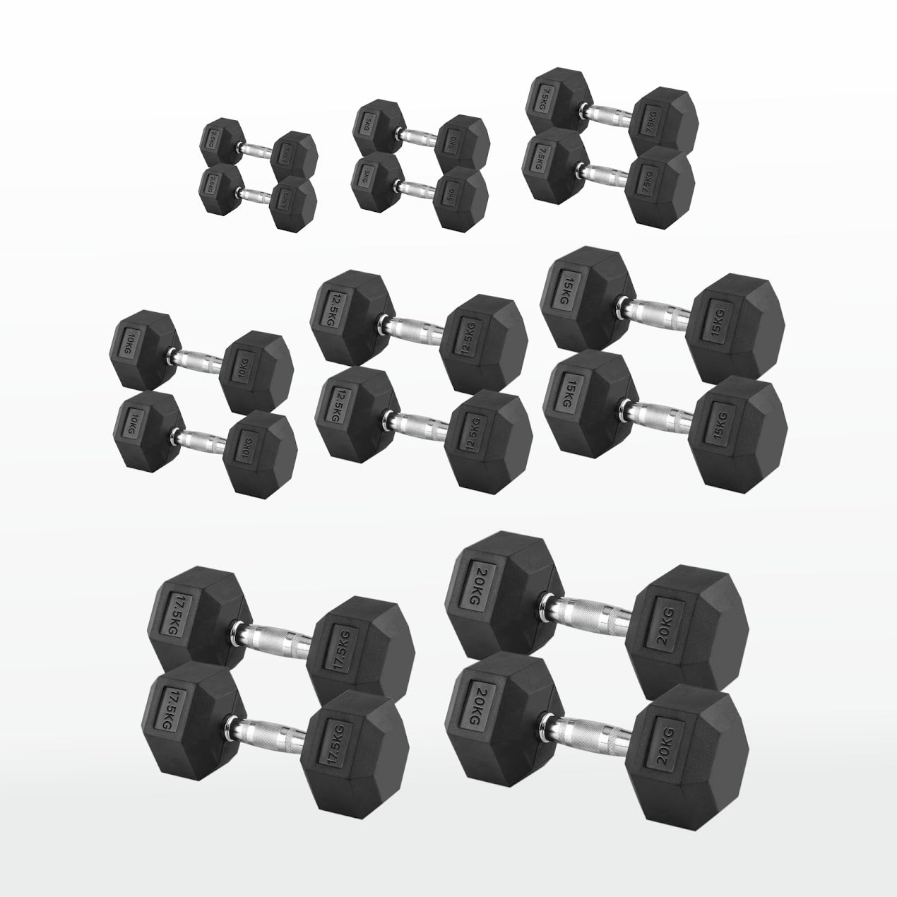 Hex Dumbbells 2.5kg–60kg – Pairs & Sets Available – Rubber Coated Anti Roll Weights with Chrome Handles – Full Dumbbell Range for Strength Training at Home or Studio