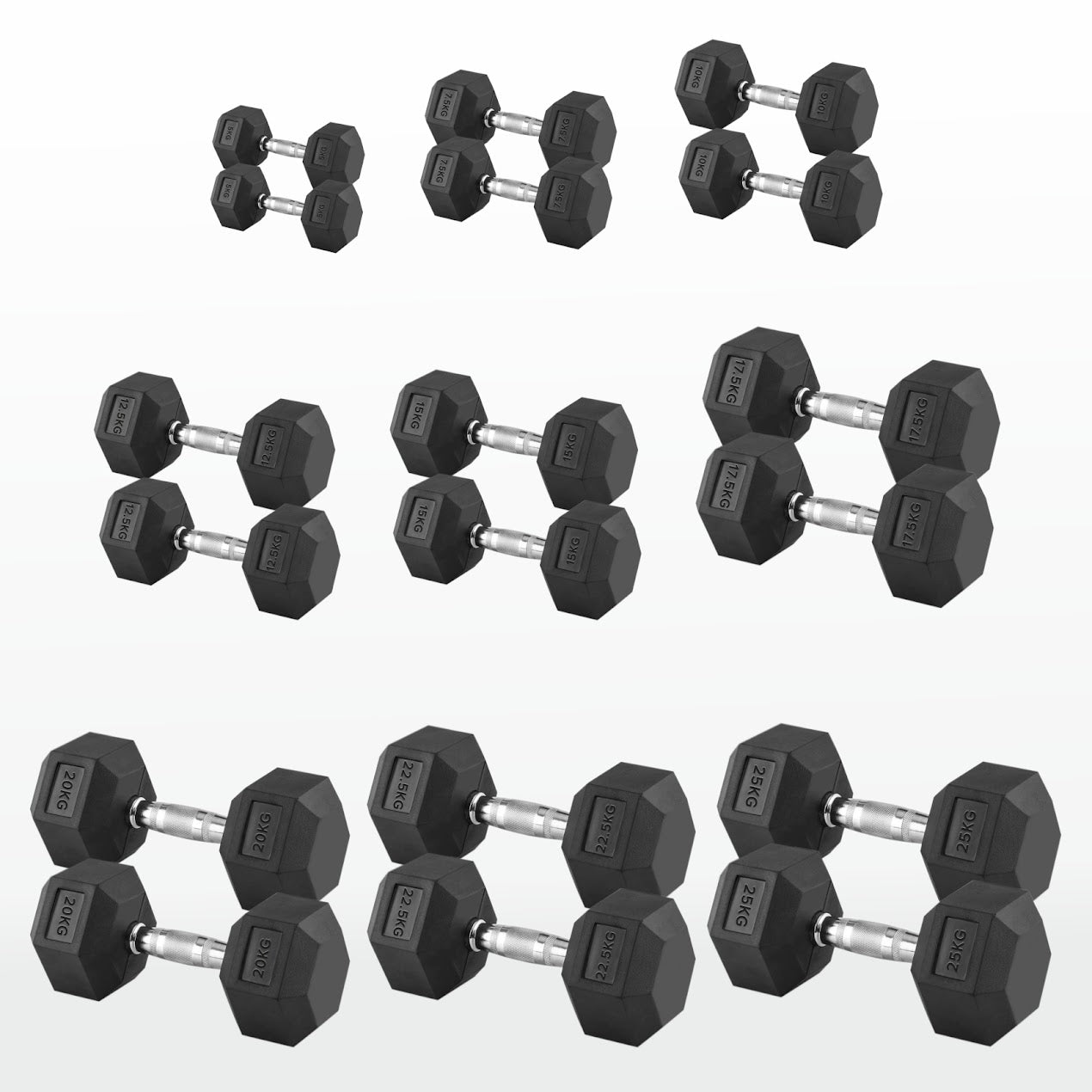 Hex Dumbbells 2.5kg–60kg – Pairs & Sets Available – Rubber Coated Anti Roll Weights with Chrome Handles – Full Dumbbell Range for Strength Training at Home or Studio
