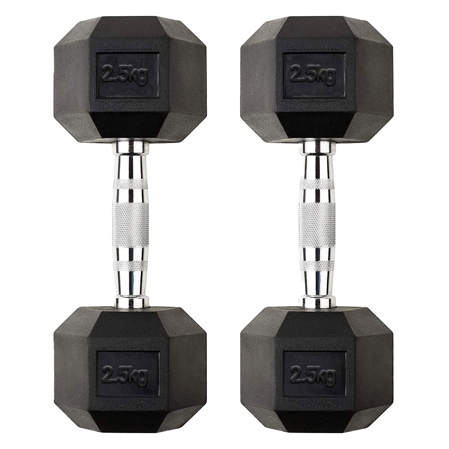 2.5kg Durable Hex Dumbbell Pair – Rubber Coated Cast Iron Weights with Anti Roll Heads & Chrome Knurled Handles – Compact Strength Training & Rehab for Home Gym