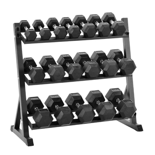 Complete Hex Dumbbell Set 11 Pairs (2.5kg–30kg) with Optional 3-Tier Rubber-Coated Rack – Anti-Roll, Ergonomic Handles for Home & Studio Strength Training