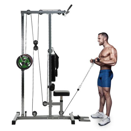 Man using a cable machine in a gym setting