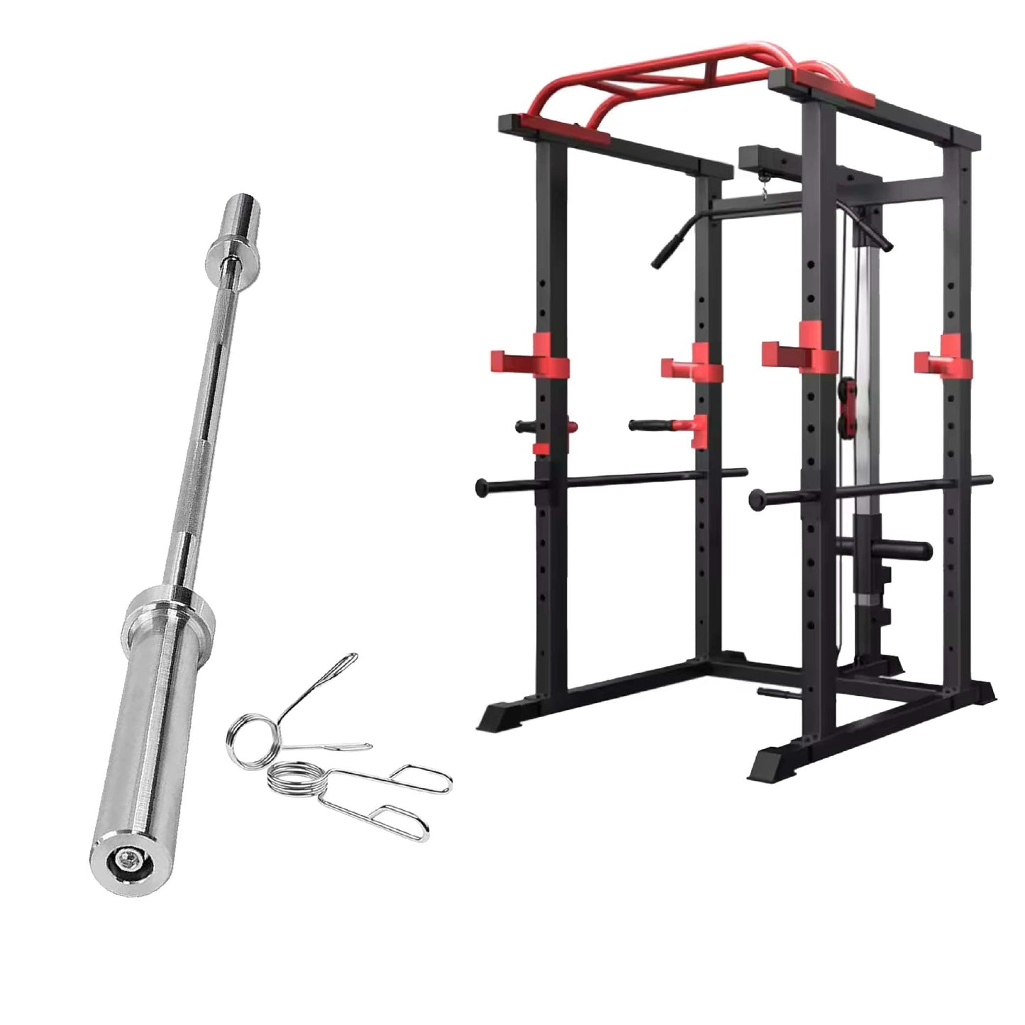 All-in-One Adjustable Power Rack Cage with Cable Pulley, Multi-Grip Pull-Up Bar, J-Cups, Chrome Spotters – Heavy-Duty Frame for Home & Commercial Gym Training