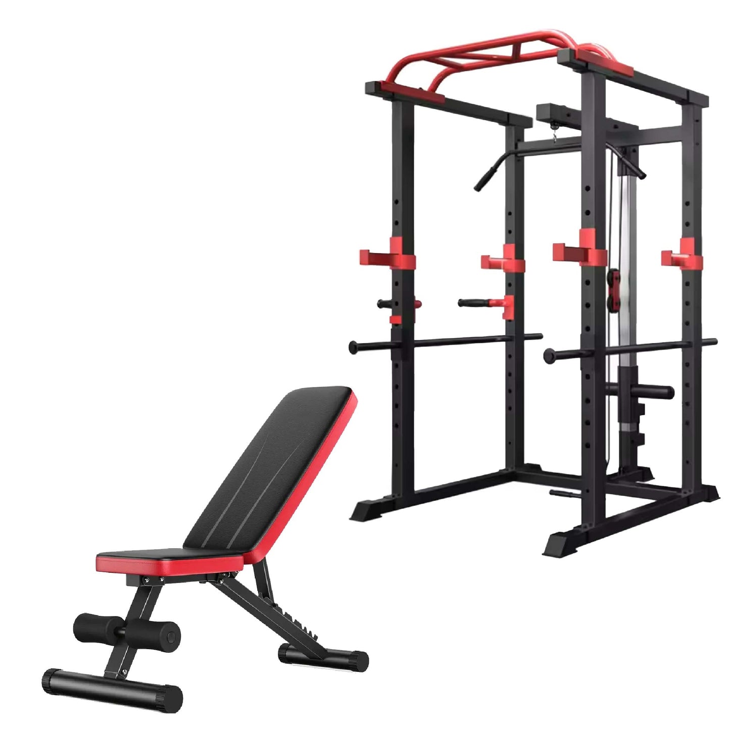 All-in-One Adjustable Power Rack Cage with Cable Pulley, Multi-Grip Pull-Up Bar, J-Cups, Chrome Spotters – Heavy-Duty Frame for Home & Commercial Gym Training
