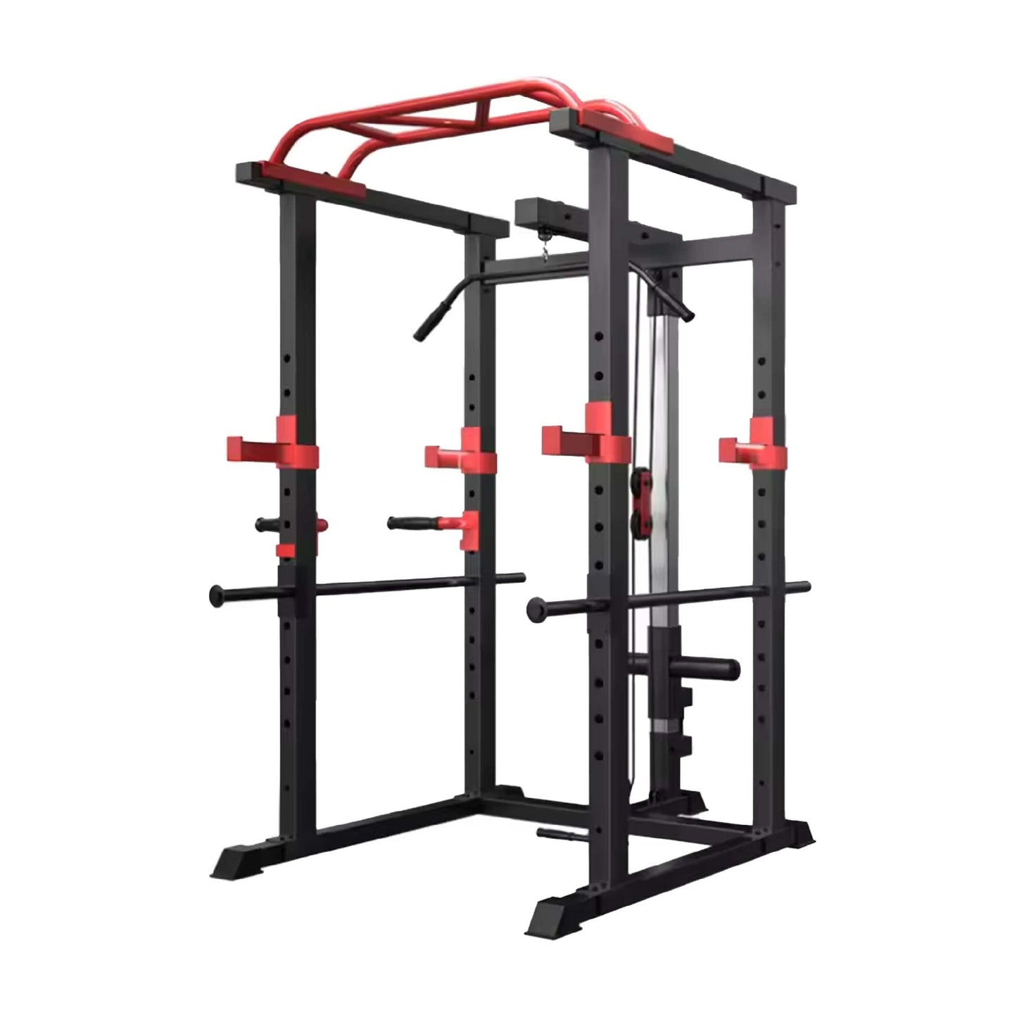 All-in-One Adjustable Power Rack Cage with Cable Pulley, Multi-Grip Pull-Up Bar, J-Cups, Chrome Spotters – Heavy-Duty Frame for Home & Commercial Gym Training