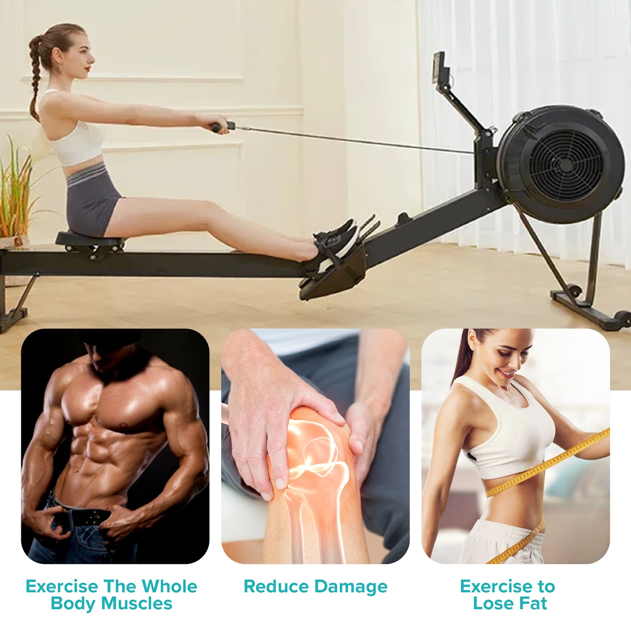 Silent Air Rowing Machine with Adjustable Resistance – Compact Foldable Frame, Smart Monitor & Ergonomic Seat for Home Gym Cardio Training