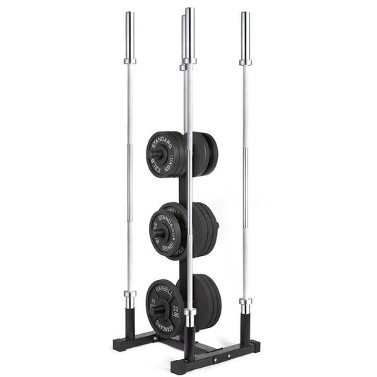 Premium 3 Tier Olympic Weight Tree and Bar Stand Heavy Duty 200kg Capacity Rack with Dual Barbell Holders Compact Scratch Resistant Gym Storage System