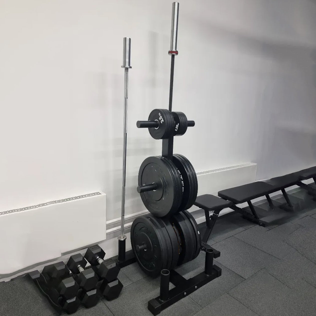Premium 3 Tier Olympic Weight Tree and Bar Stand Heavy Duty 200kg Capacity Rack with Dual Barbell Holders Compact Scratch Resistant Gym Storage System