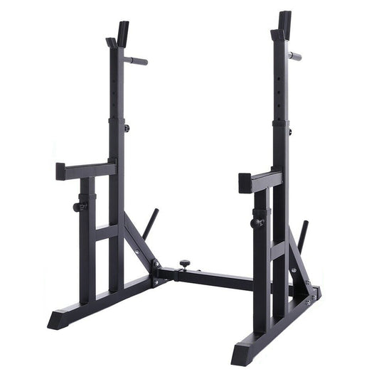 Enhance Strength Training with Adjustable Squat & Bench Press Rack | Heavy-Duty Barbell Stand with Dip Bars & Spotters for Home or Studio Gym Workouts