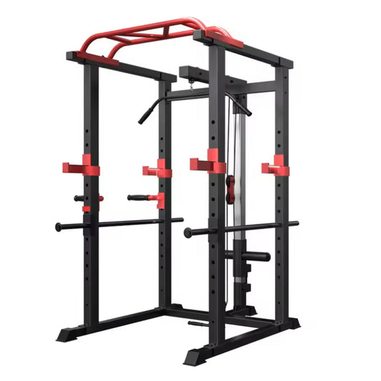 All-in-One Adjustable Power Rack Cage with Cable Pulley, Multi-Grip Pull-Up Bar, J-Cups, Chrome Spotters – Heavy-Duty Frame for Home & Commercial Gym Training
