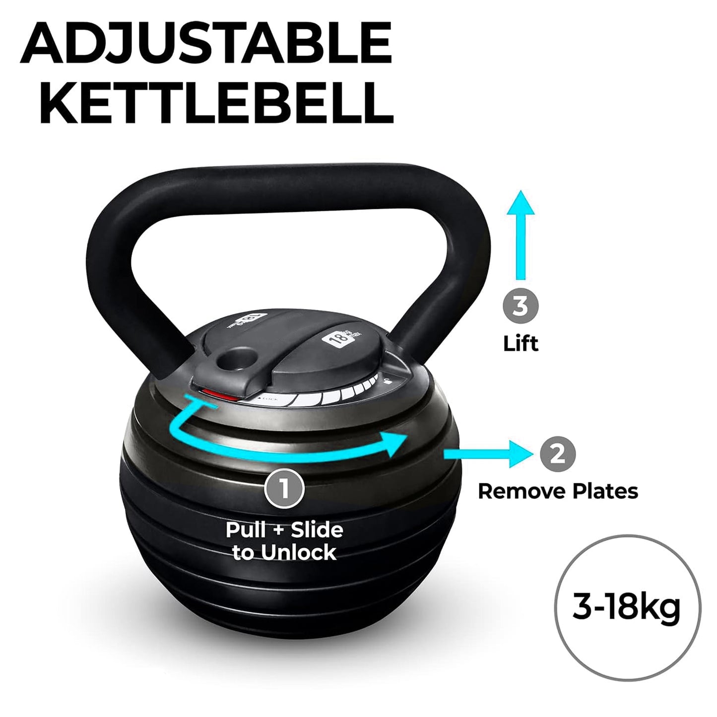18kg Multi-Weight Adjustable Kettlebell – Compact Set (3.4kg to 18kg) with Quick-Lock for Home Workouts, Full-Body Strength & Endurance Training