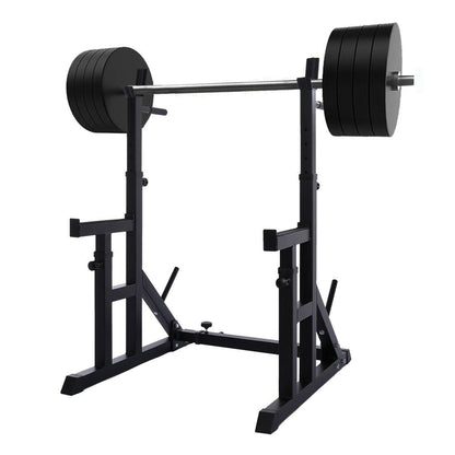 Enhance Strength Training with Adjustable Squat & Bench Press Rack | Heavy-Duty Barbell Stand with Dip Bars & Spotters for Home or Studio Gym Workouts