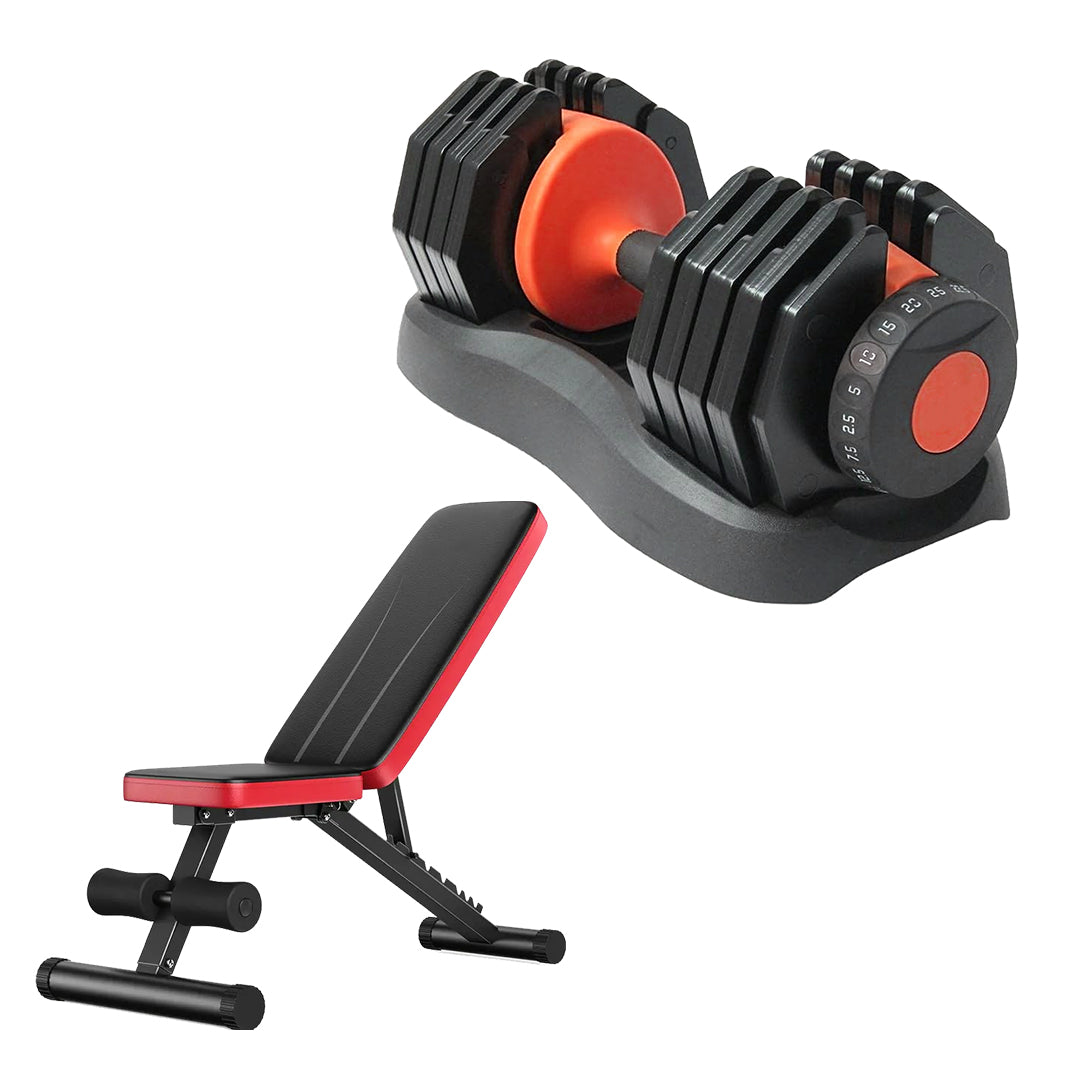 Smart Dial Adjustable Dumbbell Set 24 kg | 15-in-1 Space-Saving Weights with Optional Bench & Stand for Home Gym Workouts
